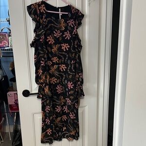 Rachael Ray Black Dress with Pink and Rust Floral bird Print NWT